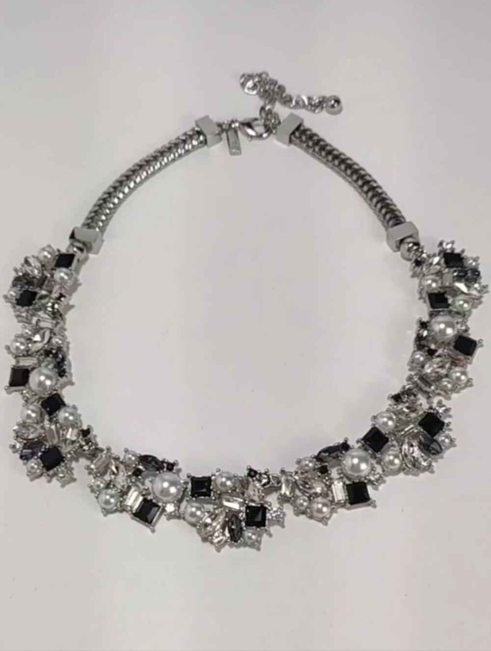 White House Black Market Statement Necklace Black Crystal Faux Pearl Silver Tone